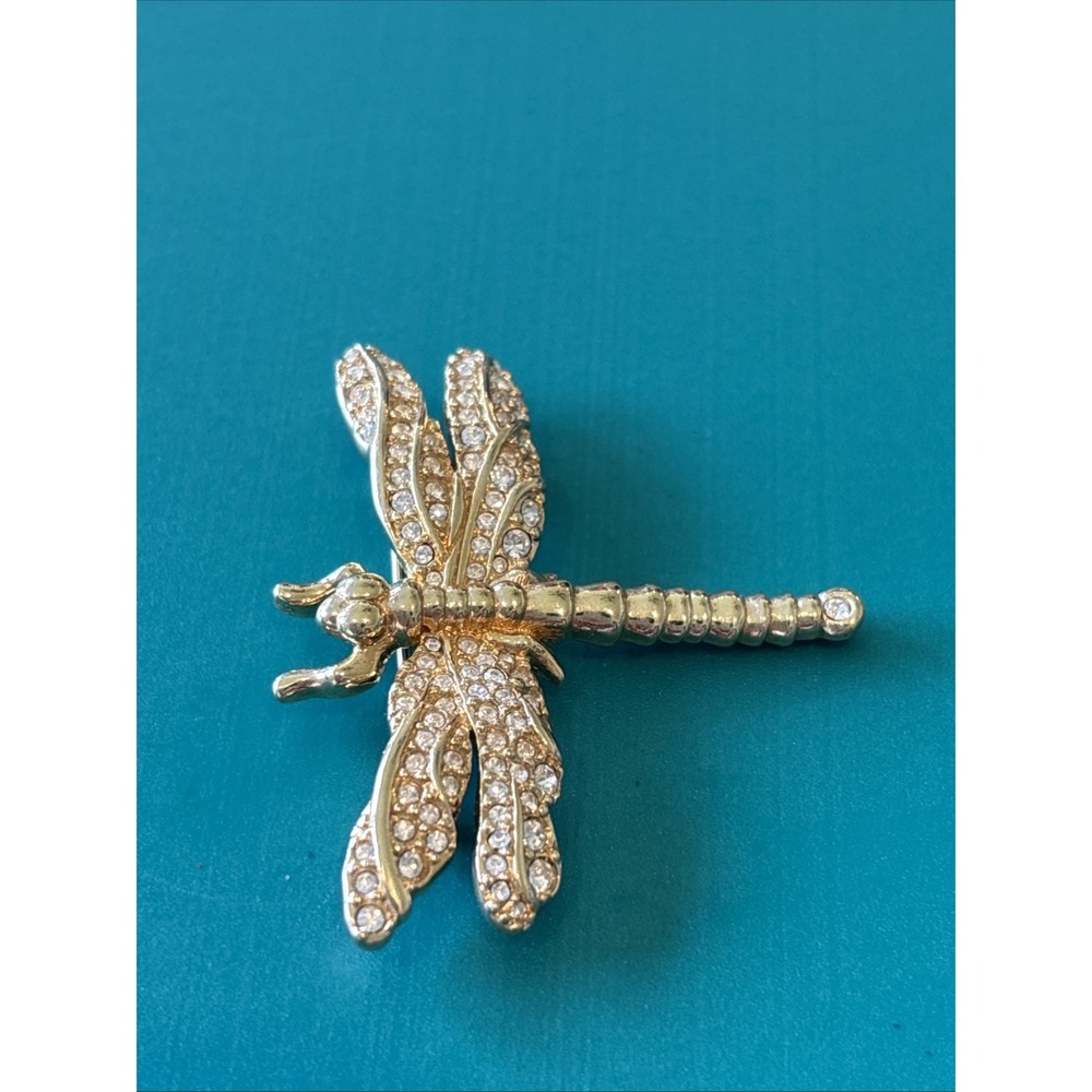 AUTHENTIC‎ SWAROVSKI SWAN LOGO SIGNED GOLD PLATED CRYSTAL DRAGONFLY BROOCH PIN